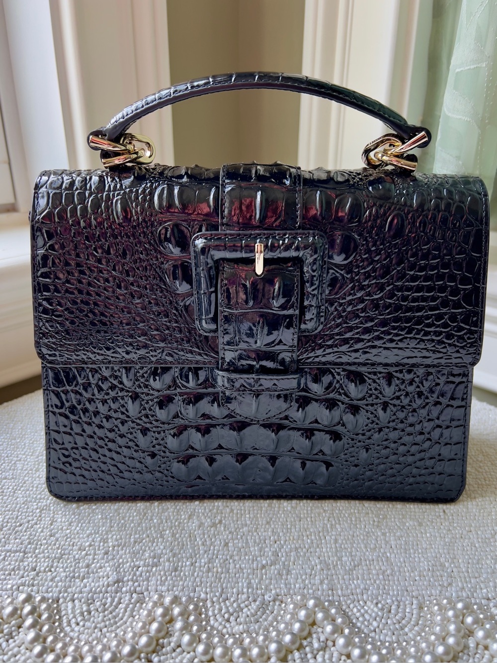New Brahmin Leather SMALL HALLIE Satchel Bag, Croc-Embossed, Black Melbourne - Picture 3 of 10